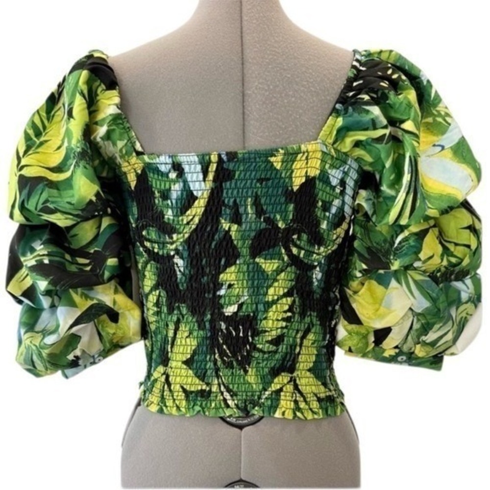 Live 4 Truth Green Tropical Palm Print Smocked Tiered Puff Sleeve Crop Top S - Picture 4 of 9